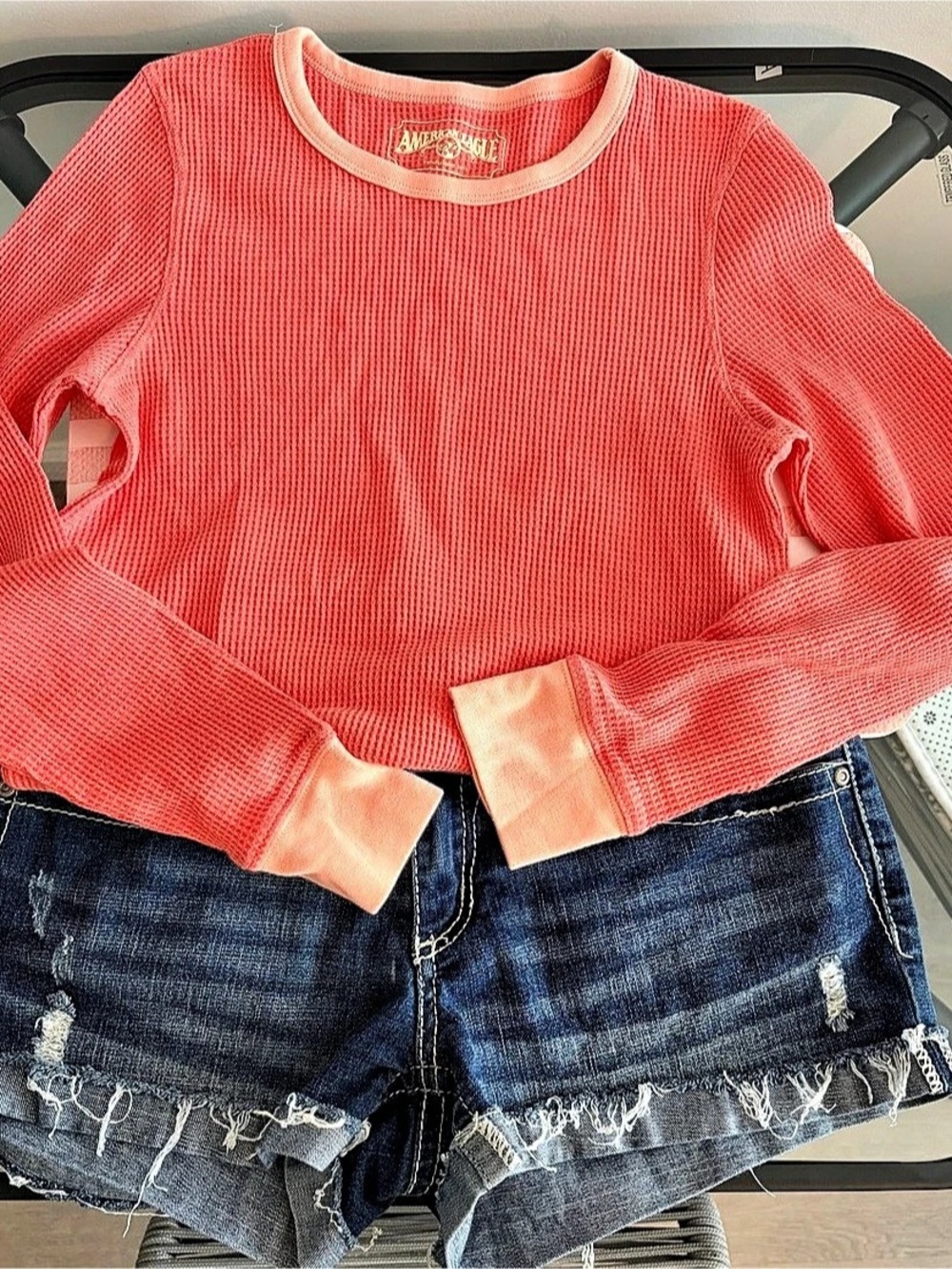 American Eagle Long Sleeve Thermal Top Coral & light pink, and Ariya Jeans